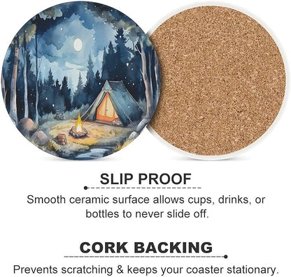 Round-6PCS Forest Ceramic Coasters, Round Absorbent Drink Coasters, Watercolor Mountain Forest Nature Tree Woodland Camping Ceramic Table Coasters for Coffee, Beverage, Wine, Beer Coasters