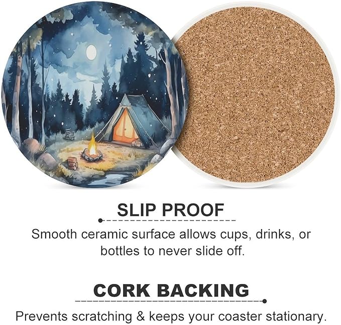 Forest Drink Coasters, Round Ceramic Drink Coaster Round-4PCS, Watercolor Mountain Forest Nature Tree Woodland Camping Decor Absorbent Ceramic Coasters for Beverage Cup, Bar, Coffee Table