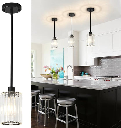 Black Pendant Light Fixtures, 3 Pack Crystal Kitchen Pendant Lighting Over Island, 1-Light Mini Modern Pendant Lights for Kitchen Island, Dining Room, Hallway, Foyer, Entryways