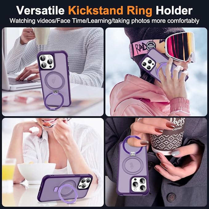 Compatible with iPhone 14 Pro Case with Invisible Magnetic O-Ring Stand Military-Grade Translucent Case for iPhone 14 Pro 6.1" [Compatible with Mag-Safe][Great Grip Feeling], Purple
