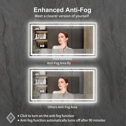 LED Bathroom Mirror with Lights, 72x36 Inch Gradient Front and Backlight LED Mirror, 3 Colors Dimmable CRI>90 Double Light, IP54 Enhanced Anti-Fog, Hanging Plates Wall Mount Bathroom Mirror