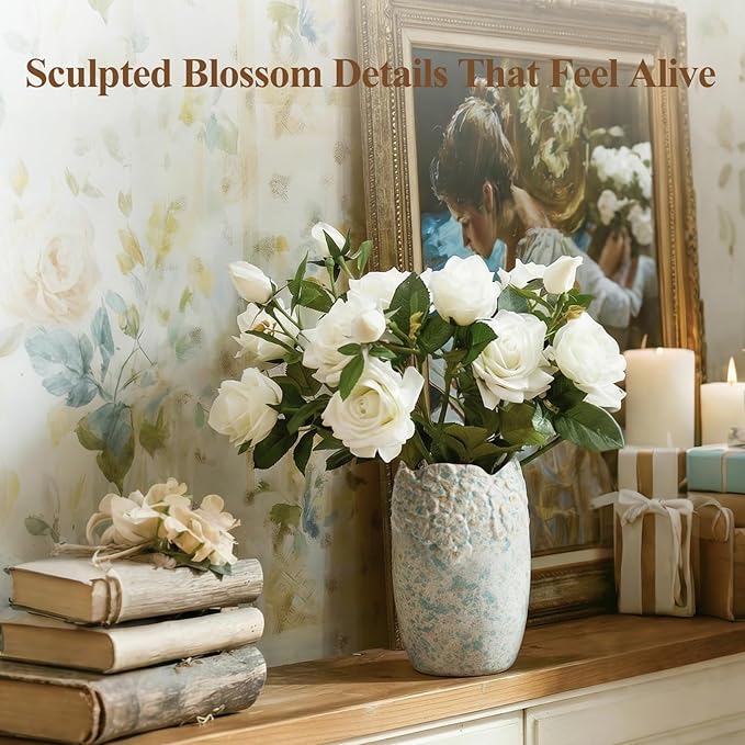 BEAHOT Ceramic Vases Set of 3 – 6.7-inch Handmade Blue & White Pottery Trio with Speckled Glaze – Decorative Flower Vases Home Decor for Table Mantel Entryway Shelf Living Room Kitchen Bathroom