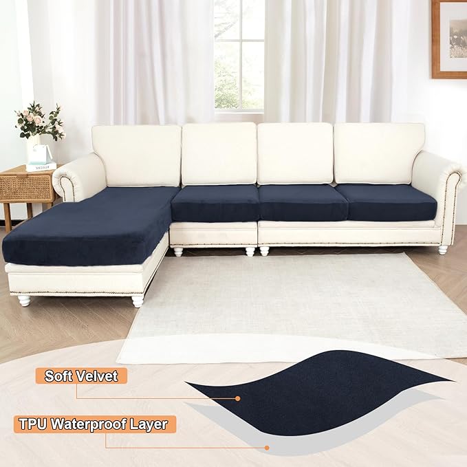 NAISI Waterproof Couch Cushion Covers Thick Velvet Fabric Washable Sofa Slipcovers Sectional Couch Covers for 4 Pieces Separate L Shape Couch Cover with Elastic Bottom(3 Seater + 1 Chaise,Navy)