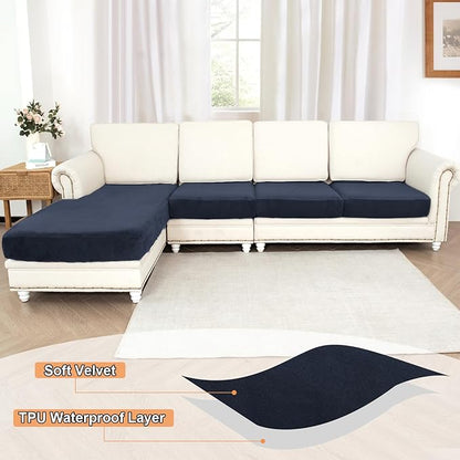 NAISI Waterproof Couch Cushion Covers Thick Velvet Fabric Washable Sofa Slipcovers Sectional Couch Covers for 4 Pieces Separate L Shape Couch Cover with Elastic Bottom(3 Seater + 1 Chaise,Navy)