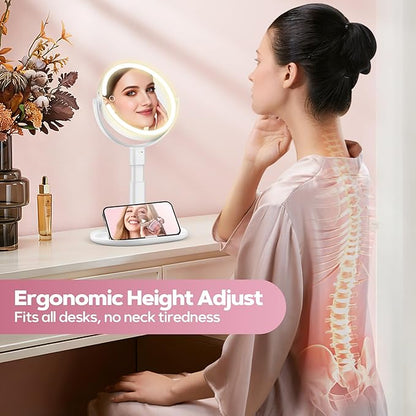 Makeup Mirror with Lights, 30X Magnifying & Height Adjustable, Lighted Magnifying Mirror with 3 Light Modes and Stepless Dimming, Vanity Mirrors for Bathroom, Birthday Gift for Women, White