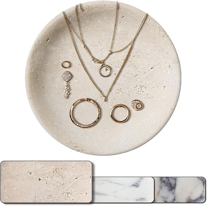 Turkish Natural Travertine Jewelry Dish, 5.5" Marble Tray, Trinket Dish for Ring Earring, Gift for Woman (Beige Travertine)