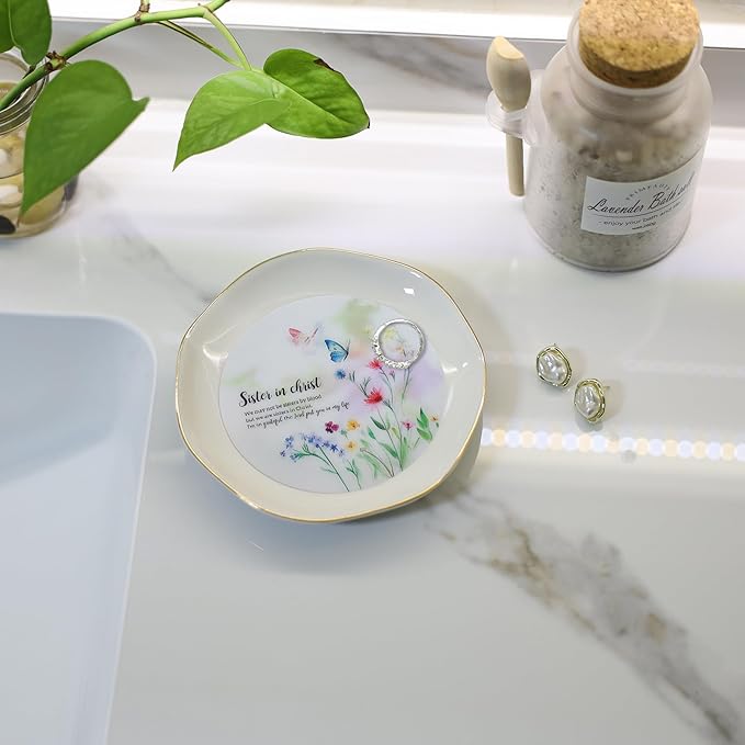 HOME SMILE Sister in Christ Jewelry Ring Dish Tray with Dynamic Butterfly Pattern Shifts,We May Not Be Sisters By Blood But We Are Sisters in Christ,Best Friend Soul Sister Birthday Wedding Gifts