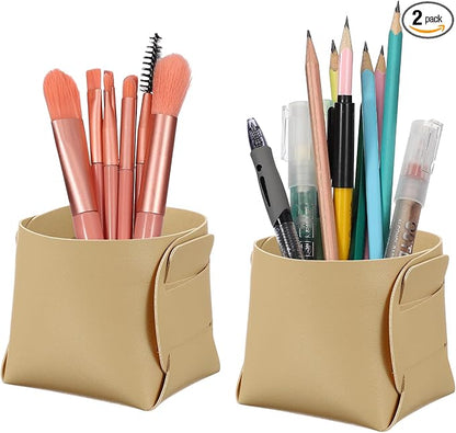 PATIKIL 2Pack Leather Desk Organizer, Leather Pencil Pen Holder Jewelry Valet Tray Hair Accessories Organizer for Bedroom Drawer Office Key Wallet Watch Pen Pencil Glasses, Khaki