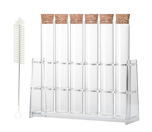 6pcs 30ml Glass Test Tube with Cork Stopper, 20x150mm Flat Bottom Storage Tube with Cap, 6 Holes Acrylic Rack, Plant Propagation Vase Set for Scientific Experiments Lab Candy Liquid Party Decor