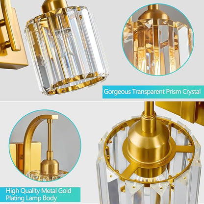 3-Light Crystal Vanity Light, Modern Gold Bathroom Wall Sconce with K9 Crystal Shades, 23.62" Long Over Mirror Lighting for Vanity, Makeup, Hallway, Elegant & Durable