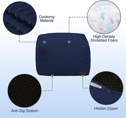 MeMoreCool Square Stuffed Pouf Ottoman Foot Rest, Stripe Furry Floor Pouf Foot Stool with Foam Chunk Filling, Soft Fluffy Stuffed Ottoman Footrest for Living Room, Corduroy Navy