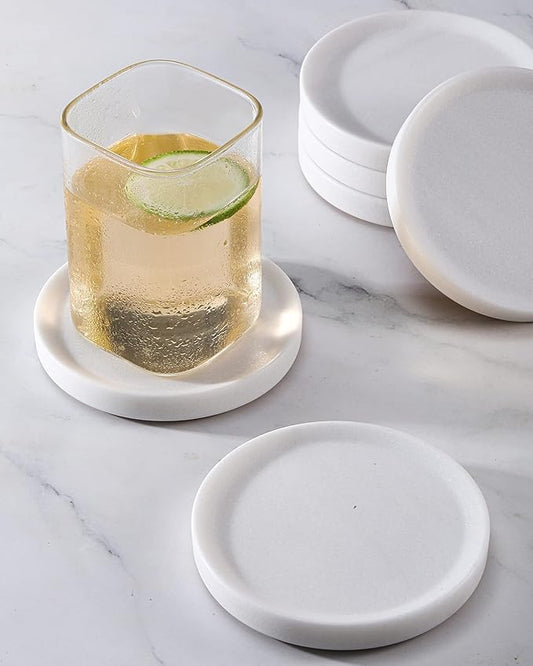 White Marble Coasters Raised Edges- Designer Drink Coasters - Large Coasters for Coffee Table, Kitchen, Bar, Dinning - Generous 4" Wide Set of (6)