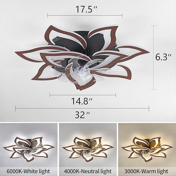 HuixuTe 32" Modern Wood Geometric Ceiling Fan with Lights Remote Control, LED Low Profile Ceiling Fan with Light for Living Room