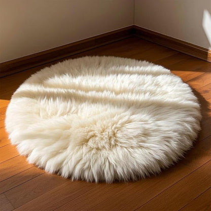 Kopal Round Sheepskin Rug, Real Sheep Skin Fur Rug, Lambskin Area Rug, 4X4 ft, Natural White