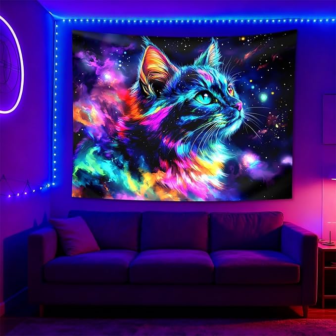seewan Black Light Cat Tapestry, Space Galaxy Cat Tapestry, Glow-in-the-Dark UV-Reactive Black Light Standing Tapestry, Psychedelic Starry Night Wall Hanging, Bedroom Dorm Living Room Background Decor