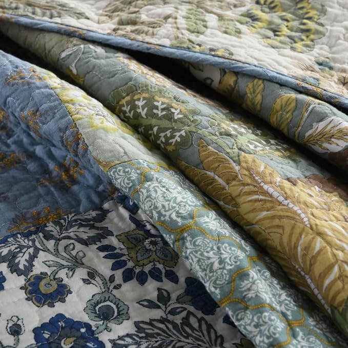 Cotton Bedspread Quilt Sets Reversible Bedding Coverlet Sets,3 Pieces Green Rustic Vintage Paisley Patchwork Bedspread, King Size