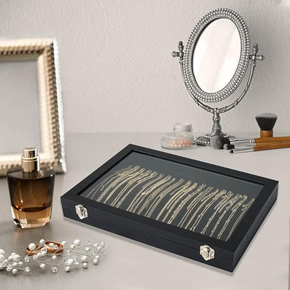Necklace Organizer Box with Clear Lid Velvet Tray for Jewelry Storage Display Case, 20 Hooks Glass Top Drawer Insert Necklaces Pendants Dustproof Necklace Jewelry Box Organizer & Tray (Black)