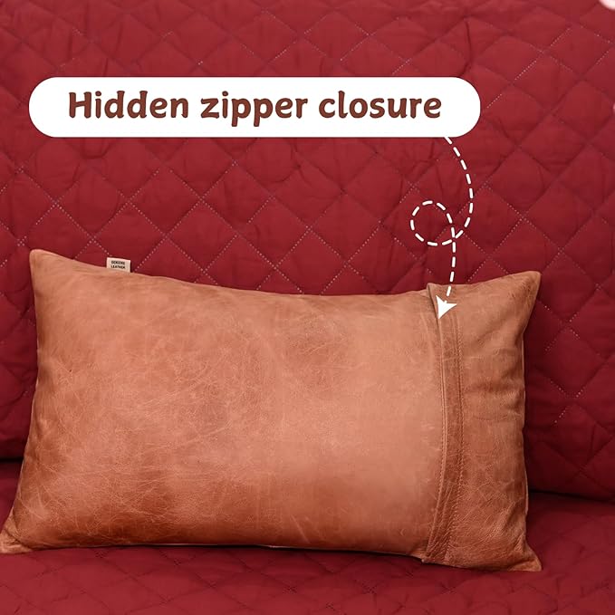 100% Lambskin Leather Pillow Cover - Sofa Cushion Case - Decorative Throw Covers for Living Room & Bedroom, 14x22 Inch - Mango Tan Crunch Plain Pack of 2