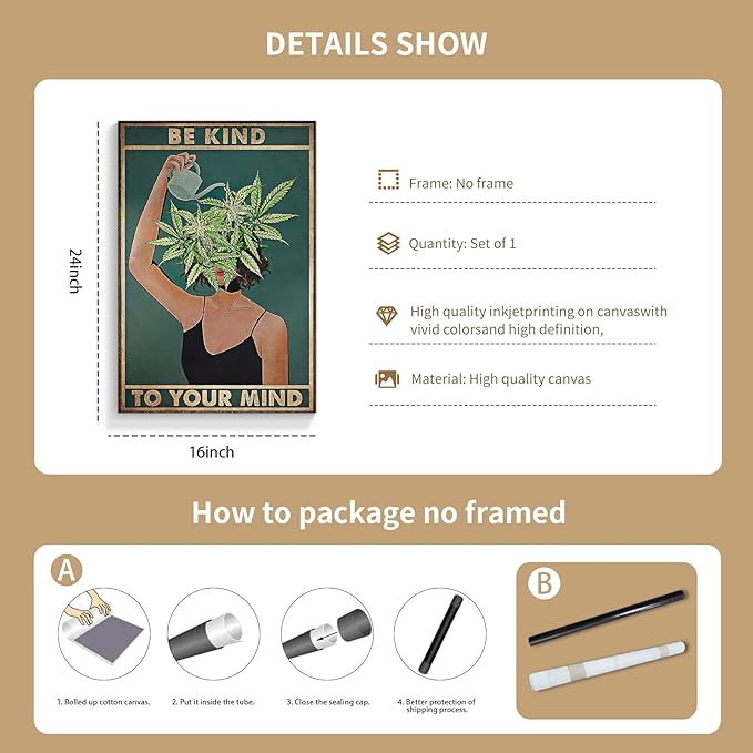 Vintage Be Kind To Your Mind Poster Mental Health Quote Canvas Wall Art Posters Cool Unique Green Plant Girl Print Painting Retro Home Wall Decor Pictures for Women Bedroom 16x24in Unframed