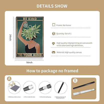 Vintage Be Kind To Your Mind Poster Mental Health Quote Canvas Wall Art Posters Cool Unique Green Plant Girl Print Painting Retro Home Wall Decor Pictures for Women Bedroom 16x24in Unframed