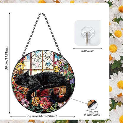Rngmsi Stained Glass Window Hanging, 7.8″ Cat and Flower Sun Catchers with Hook Indoor Window Decor, Decorative Suncatchers Hanging Ornaments Home Garden Art Gift for Housewarming