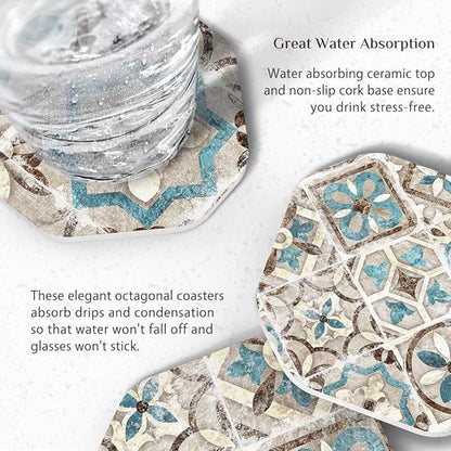 UMIRRO Drinks Coasters for Coffee Table Decor, Rustic Retro Boho Farmhouse Coasters, Absorbent Cup Mats for Wooden Table, Mandala Style, Unique Vintage Tile Design, Brown, 4", Set of 6