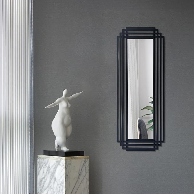 Rectangle Mirror, 42"x16" Geometric Art Mirror wirh Black Metal Frame, Modern Elegant Wall Mirrors for Living Room Bathroom Bedroom Entryway Hallway, Hangs Vertically or Horizontally