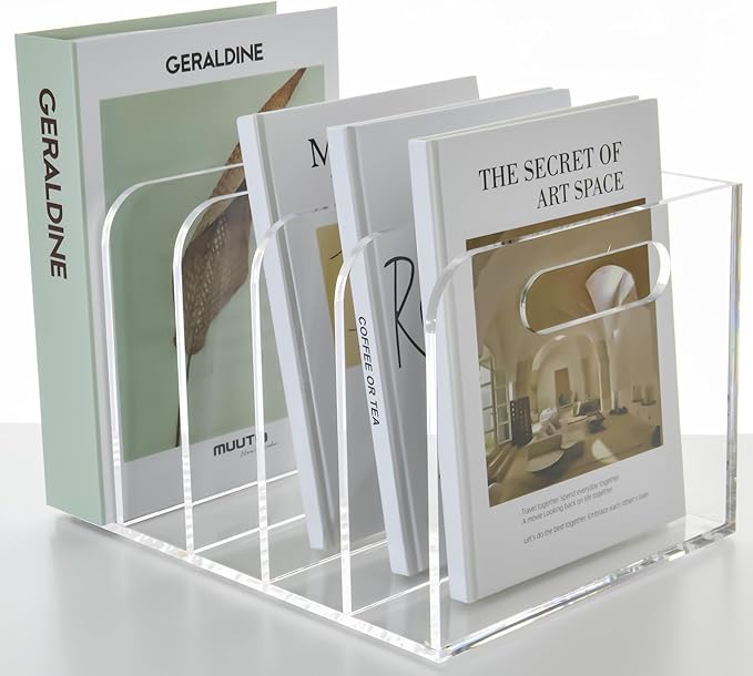 Acrylic Magazine File Holder, 5 Vertical Compartments Desk Document Sorter Organizer, Clear Folder Rack Binder for Office/Documents/Classroom, for Home, Tablet, Magazines, Books & Accessories