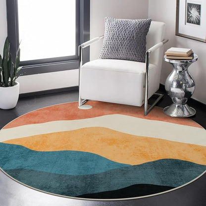 5 ft Abstract Round Rugs for Bedroom, Washable Non-Slip Circle Rug, Soft Colorful Low-Pile Floor Mat, Lightweight Indoor Throw Rugs for Living Room, Kidsroom, Entryway, Dining Room, Foyer