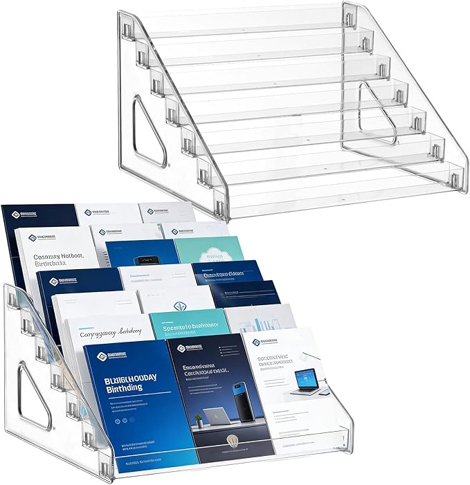 7 Tier Brochure Holder 12 x 7 inch Clear Acrylic Pamphlet Holder Display Stand Organizer Plastic Flyer Literature Magazine Booklets Menu Journals Rack for Home Office Exhibition, Pack of 2