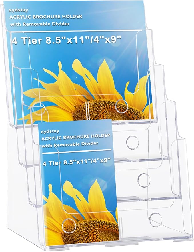 Acrylic Brochure Holder 8.5x11 Inches, 4 Tier Clear Brochure Display Stand , pamphlet holder with Divider for 4’’ Flyer Magazine, Document Paper Literature Holder,Wall Mount for Office, Store