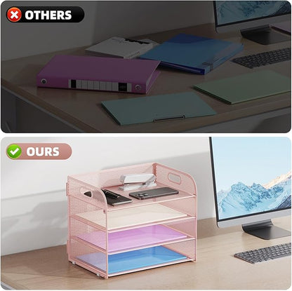 Marbrasse 2 Pack 4 Tier Paper Organizer Letter Tray - Mesh Desk File Organizer with Handle, Paper Sorter Organizer for Letter/A4 Office File Folder Holder (Pink, 12.6" x 9.1" x 10.7")