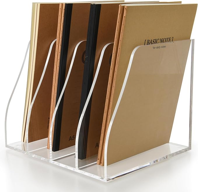 Acrylic Magazine File Holder, 4 Vertical Compartments Desk Document Sorter Organizer, Clear Folder Rack Binder for Office, Documents, Tablets, Magazines, Books – Home/Classroom Rack
