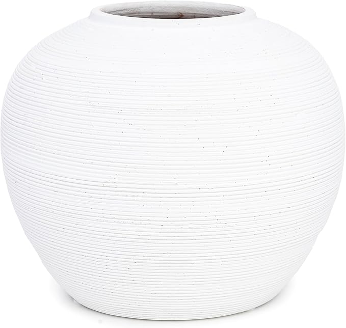 Off-White Vase with Subtle Ribbed Textured-Modern Minimalist Decorative Vase for Dried Flowers, Elegant Table Decor for Shelf Fireplace Mantel [7.5” W x 6.5” H]