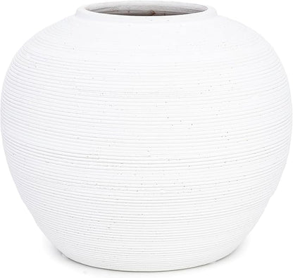Off-White Vase with Subtle Ribbed Textured-Modern Minimalist Decorative Vase for Dried Flowers, Elegant Table Decor for Shelf Fireplace Mantel [7.5” W x 6.5” H]
