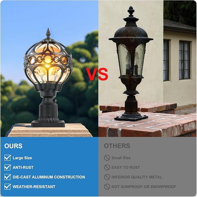 Dusk to Dawn Outdoor Lamp Post Lights, Aluminum Rust-proof Globe Post Light for Porch Front Door Driveway Lawn Garden, Black Sphere Exterior Pillar Post Light, Hardwired 3" Pier Mount Post Lantern