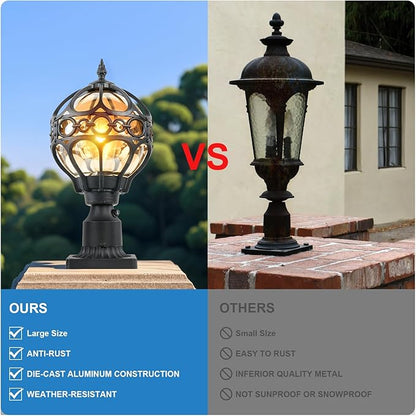 Dusk to Dawn Outdoor Lamp Post Lights, Aluminum Rust-proof Globe Post Light for Porch Front Door Driveway Lawn Garden, Black Sphere Exterior Pillar Post Light, Hardwired 3" Pier Mount Post Lantern