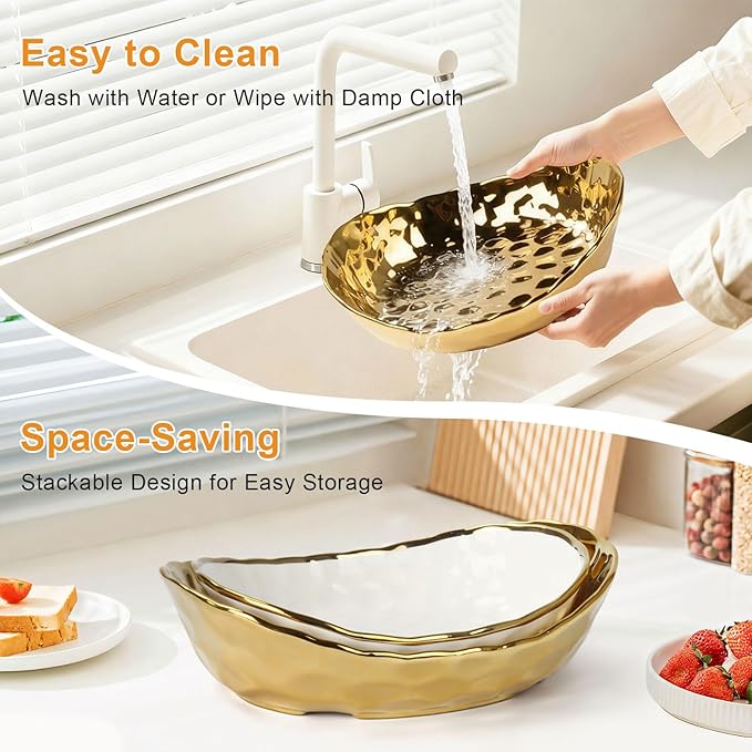 Ceramic Fruit Bowl for Kitchen Counter - 2 Tier Fruit Bowls with Metal Stand, Tiered Fruit Basket Stand for Countertop, Snack, Nuts, Cake, Dessert, Small & Cute (Gold)
