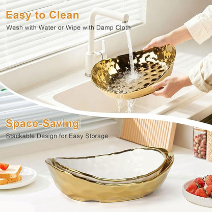Ceramic Fruit Bowl for Kitchen Counter - 2 Tier Fruit Bowls with Metal Stand, Tiered Fruit Basket Stand for Countertop, Snack, Nuts, Cake, Dessert, Small & Cute (Gold)