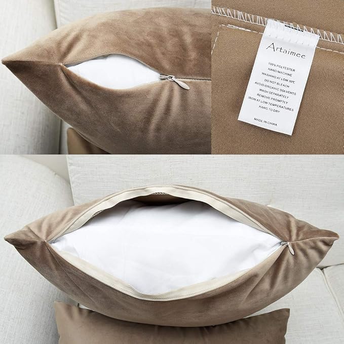 Artaimee Khaki Velvet Throw Pillow Covers 18x18 Inch, Set of 2 – Soft Decorative Cushion Cases for Sofa, Couch, Bed, or Chair – Square Plush Pillowcases with Hidden Zipper, Home & Living Room Décor