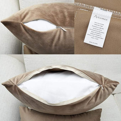 Artaimee Khaki Velvet Throw Pillow Covers 18x18 Inch, Set of 2 – Soft Decorative Cushion Cases for Sofa, Couch, Bed, or Chair – Square Plush Pillowcases with Hidden Zipper, Home & Living Room Décor
