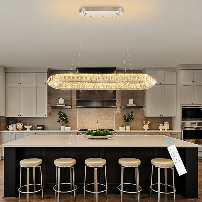 LED Ring Chandelier Oval Rings Pendant Lights for Dining Table Kitchen Island Remote Dimmable Hanging Light Chandeliers for Entryway Living Room Crystal Lighting Silver