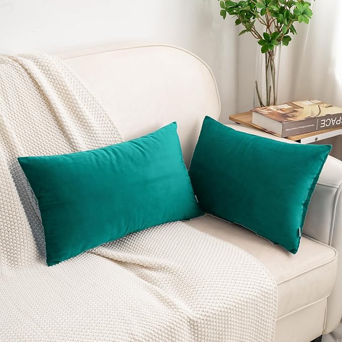 HWY 50 Teal Velvet Rectangular Throw Pillow Covers 12x20 Inch, Pack of 2 Soft Cozy Solid Decorative Luxury Cushion Cases for Couch Sofa Bed Living Room Bedroom