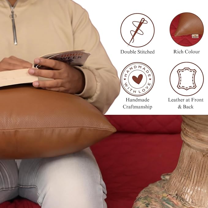 Genuine Lambskin Leather Pillow Cover, 14x14 Inch Case for Lumbar Throw Couch Pillows, Thick & Soft Cushion Covers for Sofa Bed Home Décor (Textured Tan Pack of 1)