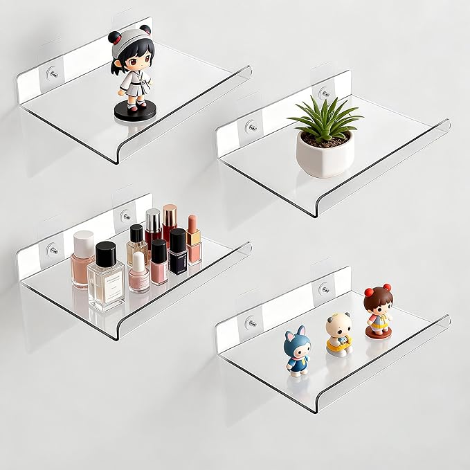 4-Pack Clear Acrylic Floating Shelves with Adhesive & No-Trace Nails - Ultimate No Drill Wall Mounted Display & Storage Organizer for Bathroom, Bedroom, Living Room, Office, 7.87" x 4" (4, U-Shape)