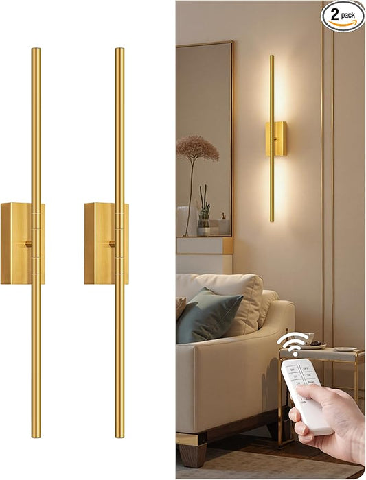 27.6" Wireless Battery Operated Wall Sconces Set of 2, Modern Rechargeable Lamp with Remote, 360° Rotation, 10000mAh, Touch Dimmable Lights for Bedroom, Living Room, Hallway, Gold D06YBP205