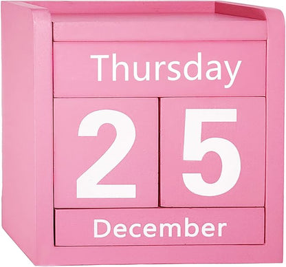 Pink Desk Calendar Wooden Block Perpetual Calendar Cute Pink Office Desktop Accessories for Women Room Bedroom Girls Birthday Party Gift Christmas Home Decor