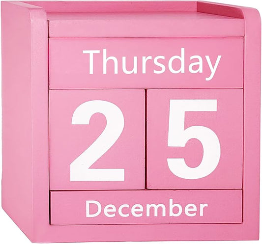 Pink Desk Calendar Wooden Block Perpetual Calendar Cute Pink Office Desktop Accessories for Women Room Bedroom Girls Birthday Party Gift Christmas Home Decor
