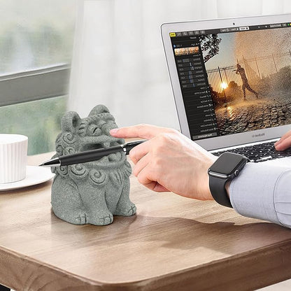 Cute Pen Holder for Deask, Lion Stone Pen Stand, Chinese Feng Shui Desk Organizer, Animal Figure for Office/Study Display Decoration