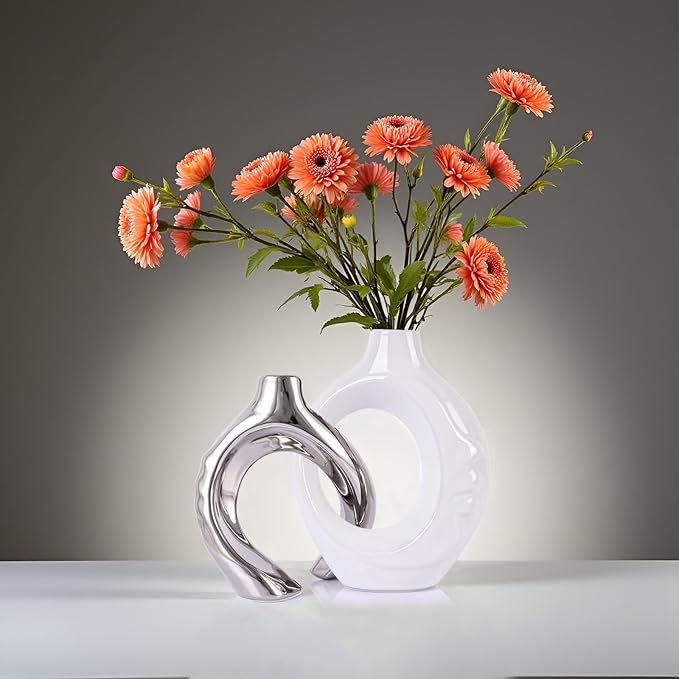 LCCCK White and Silver Ceramic Vases for Home Decor, Boho Vase for Flowers Pampas Grass Decorative, White Silver Hollow Donut Small Vase for Living Room Table Wedding Centerpiece Modern Vases